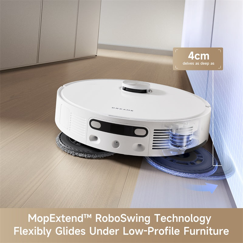 Dreame L10s Ultra Gen 2 Robot Vacuum with MopExtend technology gliding under furniture.